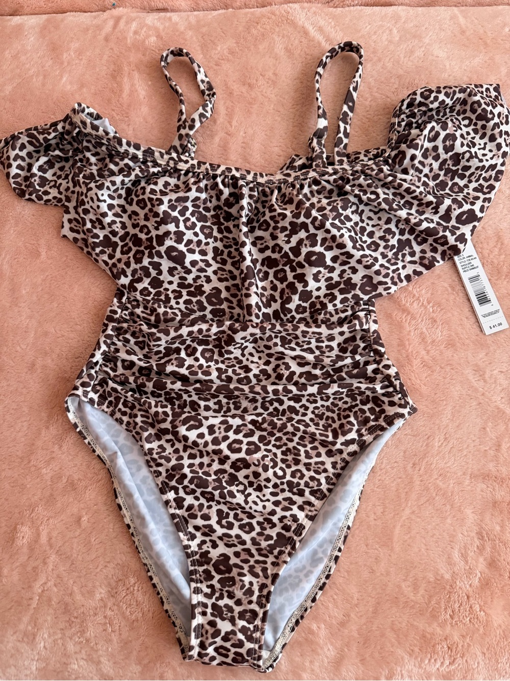 NWT Tahari Leopard Print Ruffle One-Piece Swimsuit - Brown S